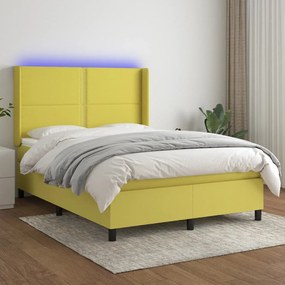 vidaXL Cama box spring c/ colchão e LED 140x190 cm tecido verde