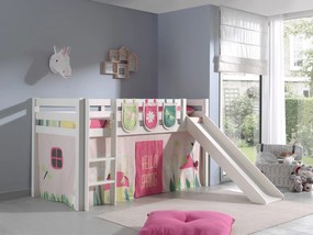 Conjunto Cama alta de Criança PINO 90 x 200 cm + estrado + escada + escorrega + cortina + 3 bolsas Primavera branca