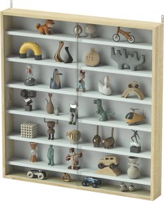 Vitrine para coleção, vitrine de parede, 80 x 9,5 x 83 cm, 6 prateleiras com altura ajustável, 2 portas de correr em vidro branco, e cor carvalho