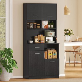 Aparador Alto de Cozinha, 80 x 35 x 180 cm, Portas de Fecho Suave, Preto