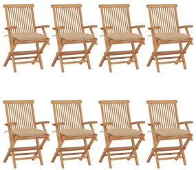 Cadeiras de jardim c/ almofadões beges 8 pcs teca maciça