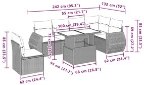 7 pcs conj. sofás jardim com almofadões vime PE cinzento-claro