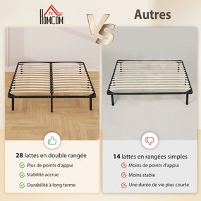 Cama de 160 x 190 cm, cama de casal em madeira maciça com base de ripas e pés, espaço de arrumação por baixo, preta