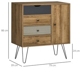HOMCOM Cómoda com 4 Gavetas Gaveteiro de Madeira com Porta Prateleira Ajustável e Pés de Metal para Sala de Estar Dormitório Cozinha 79x39x86cm Marrom