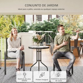 Conjunto de Mesa e Cadeiras de Jardim de 3 Peças Móveis de Jardim com Cadeiras Empilháveis e Bancada de Vidro Preto