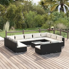 vidaXL 12 pcs conjunto lounge de jardim c/ almofadões vime PE preto