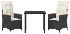 Conjunto de Jantar de Jardim com 3 Peças com Almofadas Pretas em Ratta