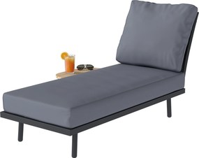 Espreguiçadeira de jardim com almofadas laváveis em olefina e prateleira lateral, estrutura em metal, 58 x 137 x 75 cm, cinzento