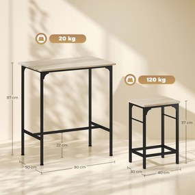 Conjunto de mesa de bar com 2 bancos, estrutura em aço para cozinha, sala de jantar e sala de estar, com efeito de madeira natural