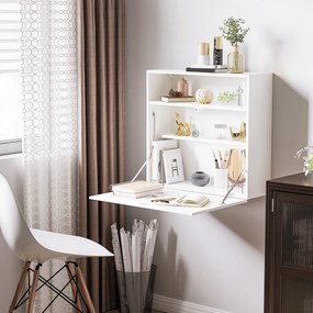 Secretária de Parede Moderna Dobrável Multifuncional com Prateleiras de Armazenamento Carga 40 kg 64x20x60 cm Branco