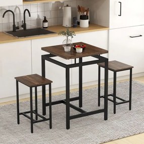 Conjunto de móveis de bar industrial de 3 peças com 2 bancos, mesa flutuante e apoio para os pés para cozinha de espaços pequenos Castanho