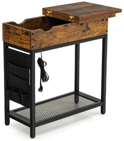 Mesa Lateral com Estação de Carregamento USB e 2 Tomadas Prateleira com Compartimento Flip Top Estreita para Sala de Estar Quarto 60 x 30 x 58,5 cm Ca