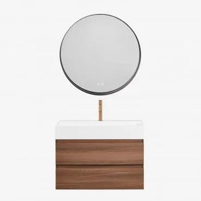 Conjunto De Móvel De Casa De Banho Suspenso Em Madeira E Folha De Freixo Com Lavatório Integrado Ona Madeira Escura & Redondo Led - Sklum