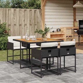 5 pcs conjunto de jantar p/ jardim c/ almofadões vime PE preto