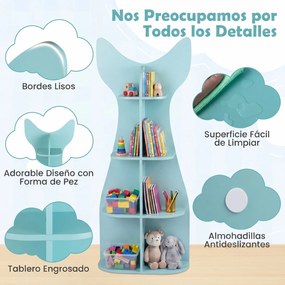 Estante infantil em forma de peixe com 8 compartimentos abertos para arrumação 48 x 20,5 x 120,5 cm, ideal para quartos infantis e creches Azul