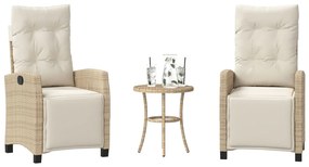 vidaXL 3 pcs conjunto bistrô com almofadões vime PE bege