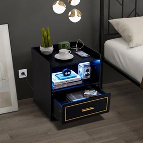 Mesa de cabeceira LED com Estante Gaveta Porta USB 3 Cores de Luz e Iluminação Ajustável para Quarto 45 x 40 x 50 cm Preto