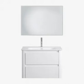 Conjunto De Móvel De Casa De Banho Suspenso 80x50 Cm Em Madeira Com Lavatório Integrado Egerton Branco & Led Retangular E Anti-embaciamento - Sklum