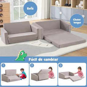 Cadeira infantil conversível 2 em 1 com camada sólida e lavável Sofá-cama duplo para crianças para quarto 77 x 43 x 40 cm Cinzento