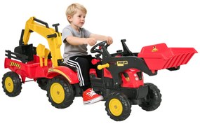 HOMCOM Trator de pedais com reboque escavadeira com pá frontal de brinquedo de condução para crianças acima de 3 anos Direção e pás de fácil controle Suporta até 35 kg 179x42x59 cm Vermelho