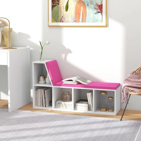 Banco-biblioteca 2 em 1 com 5 compartimentos de arrumação e 2 almofadas, 108 x 30 x 60 cm, branco e rosa