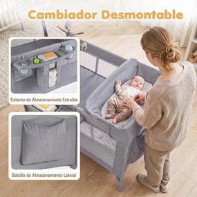 Berço Portátil Multifuncional, 110 x 76 x 77 cm, Dobrável com Muda-fraldas, Cinzento-claro