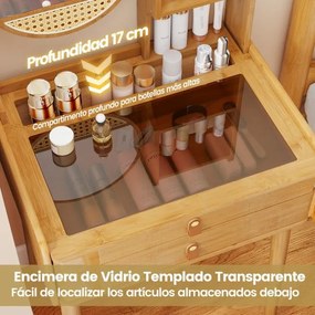 Toucador pequeno com espelho para maquilhagem 60 cm x 46,5 cm x 122 cm com 2 gavetas e prateleiras abertas Natural