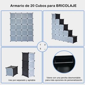 Armário Guarda Roupa Modular com 20 Cubos 35 x 45 x 35 cm Plástico com Portas Fácil de Montar para Sala Quarto