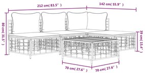 5 pcs conjunto lounge de jardim c/ almofadões vime PE antracite