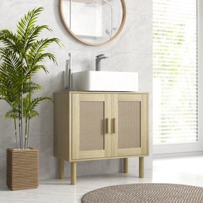 Móvel de casa de banho 60 x 30 x 60 cm para lavatório (NÃO INCLUIDO), com portas em rattan e pés em madeira de pinho, 2 prateleiras, em cor carvalho