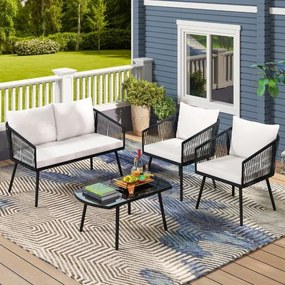 Conjunto de jardim para 4 pessoas com sofá de 2 lugares, 2 cadeiras e mesa de centro em vidro temperado Preto e branco