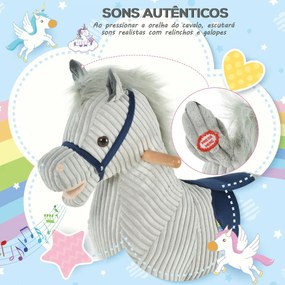 Baloiço Infantil de Cavalo para Crianças acima de 3 Anos Baloiço de Pelúcia com Sons de Relinchos e Galopes e Base de Madeira 73x35x64cm Azul e Cinza