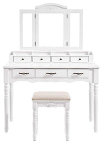 Penteadeira VASAGLE com 7 gavetas, penteadeira com espelho triplo, ganchos para colar, 2 compartimentos para pincéis e 4 compartimentos abertos, pernas de madeira maciça, banco acolchoado, branco RDT60WT