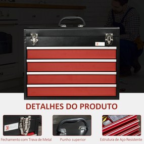 Caixa de Ferramentas de Aço com 4 Gavetas Tampa Abatível e Fechaduras Metálicas Mala de Ferramentas Portátil para Oficina Bricolage Casa 51x22x39,5 Pr