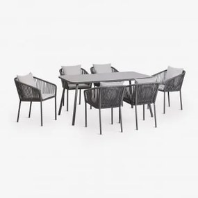 Conjunto De Mesa Retangular 160x90 Cm E 6 Cadeiras De Jantar Em Corda Trançada Arhiza Classic Cinza Grafito - Sklum