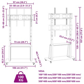 Suporte de TV c/ rodas ecrãs de 32-90" Max VESA 800x600mm 100kg