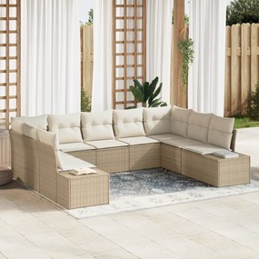 Conjunto de Sofá de Jardim 9 Peças com Almofadas Bege Rattan Poliéster