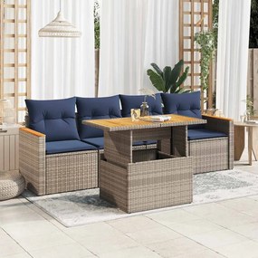 5 pcs conjunto sofás de jardim c/ almofadões vime PE cinzento