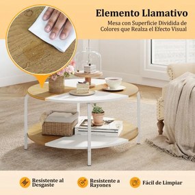 Mesa redonda de centro 80 cm de 2 níveis com prateleira e estrutura metálica Branco e Natural