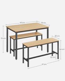 Conjunto Mesa de jantar 70 x 110 x 75 cm com 2 bancos compridos conjunto de 3 peças cor carvalho + Preto