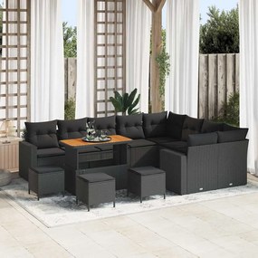 Conjunto de Sofá de Jardim de 13 Peças com Almofadas Rattan Poliéster Preto Acácia