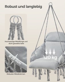 Cadeira suspensa jardim com almofada grossa carga até 120 kg Cinzento