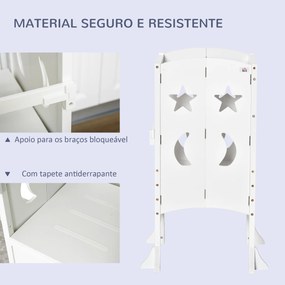 HOMCOM Torre de Aprendizagem para Crianças 3-6 anos de Madeira Torre de Aprendizagem Infantil Dobrável com Ardósia e Barra de Segurança para Casa de Banho Cozinha 56,5x56,5x94cm Branco