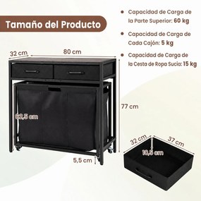 Cesto para Roupa Suja com Rodas, 80 x 32 x 77 cm, Três Compartimentos, Castanho