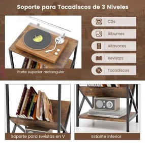Estante de 3 níveis para gira-discos com porta-revistas em forma de V Estrutura metálica em forma de X Almofadas ajustáveis Castanho rústico