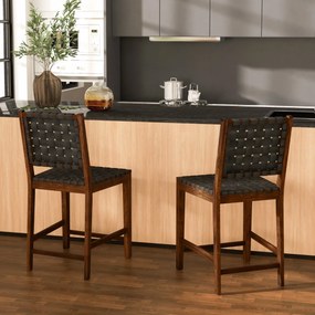 Conjunto de 2 bancos de bar de madeira com alças de couro PU e encosto confortável para cozinha, bar e restaurante 52 x 58,5 x 101 cm Castanho