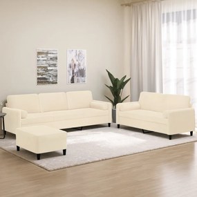 vidaXL 3 pcs conjunto sofás c/ almofadas/almofadões veludo cor creme