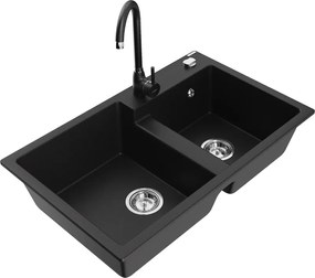 Mexen Tomas lava-loiça de granito com 2 cubas com torneira de cozinha Telma, preto - 6516-77-670200-70