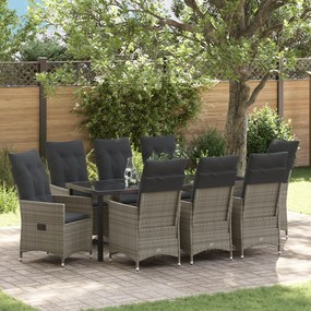 Conjunto de Jantar de Jardim de 9 Peças com Almofadas Cinza Polirattan