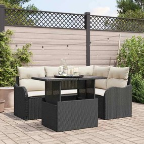 Conjunto de Sofá de Jardim vidaXL 5 Peças com Almofadas Preto Rattan Poliéster
